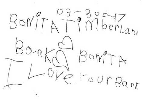 thank you note reading, "I love your bank" in a child's handwriting